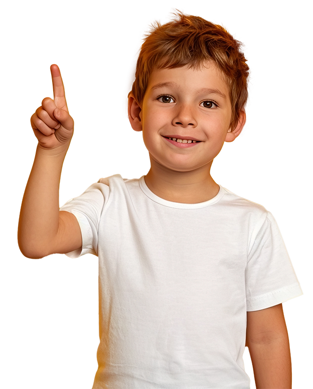 Young boy holding his finger up and smiling